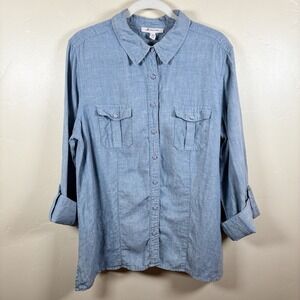 JM Collection Top Women's 16 Blue‎ Chambray 100% Linen Roll Tab Sleeve Coastal